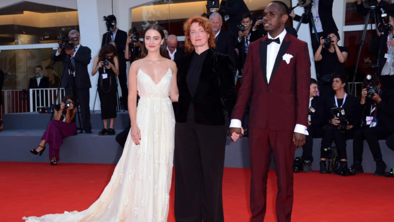 Actress Aisling Franciosi, Jennifer Kent and Baykali Ganambarr on the red carpet