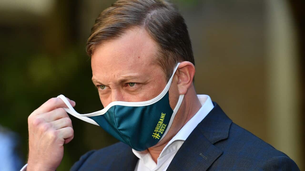Queensland Deputy Premier Steven Miles is seen during a press conference to provide a COVID-19 update