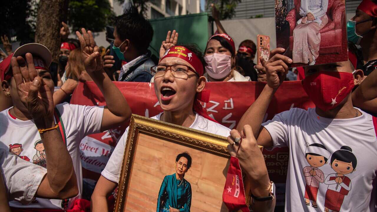 Protest against the military coup in Bangkok, Thailand - 1 Feb 2023