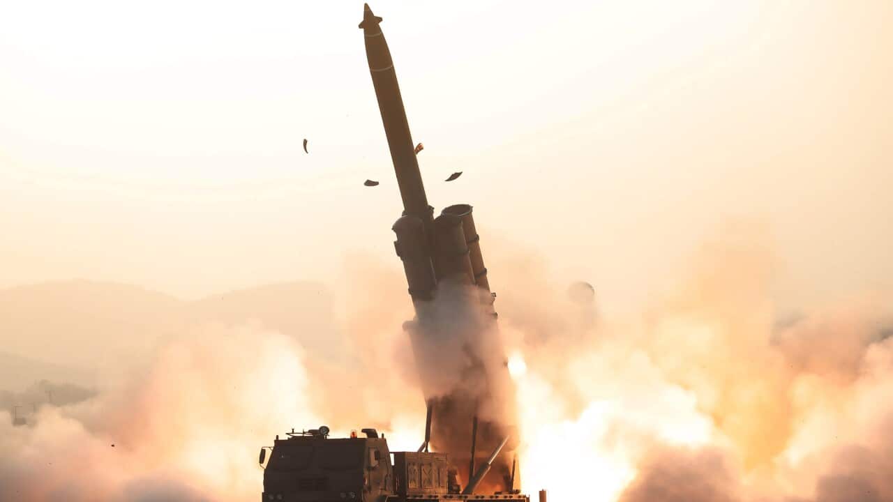 epa07963507 A photo released by the official North Korean Central News Agency (KCNA) shows the test-fire of a super-large multiple rocket launcher at an unknown location, 31 October 2019. EPA/KCNA EDITORIAL USE ONLY