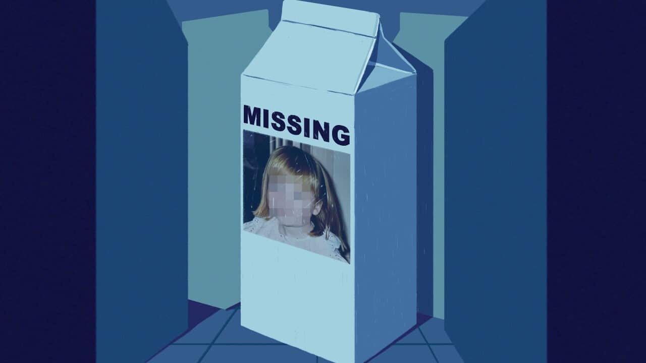 An illustration of three white milk cartons. The front carton has the word MISSING written in block letters above a photo of a little girl with ginger hair, her face blurred out