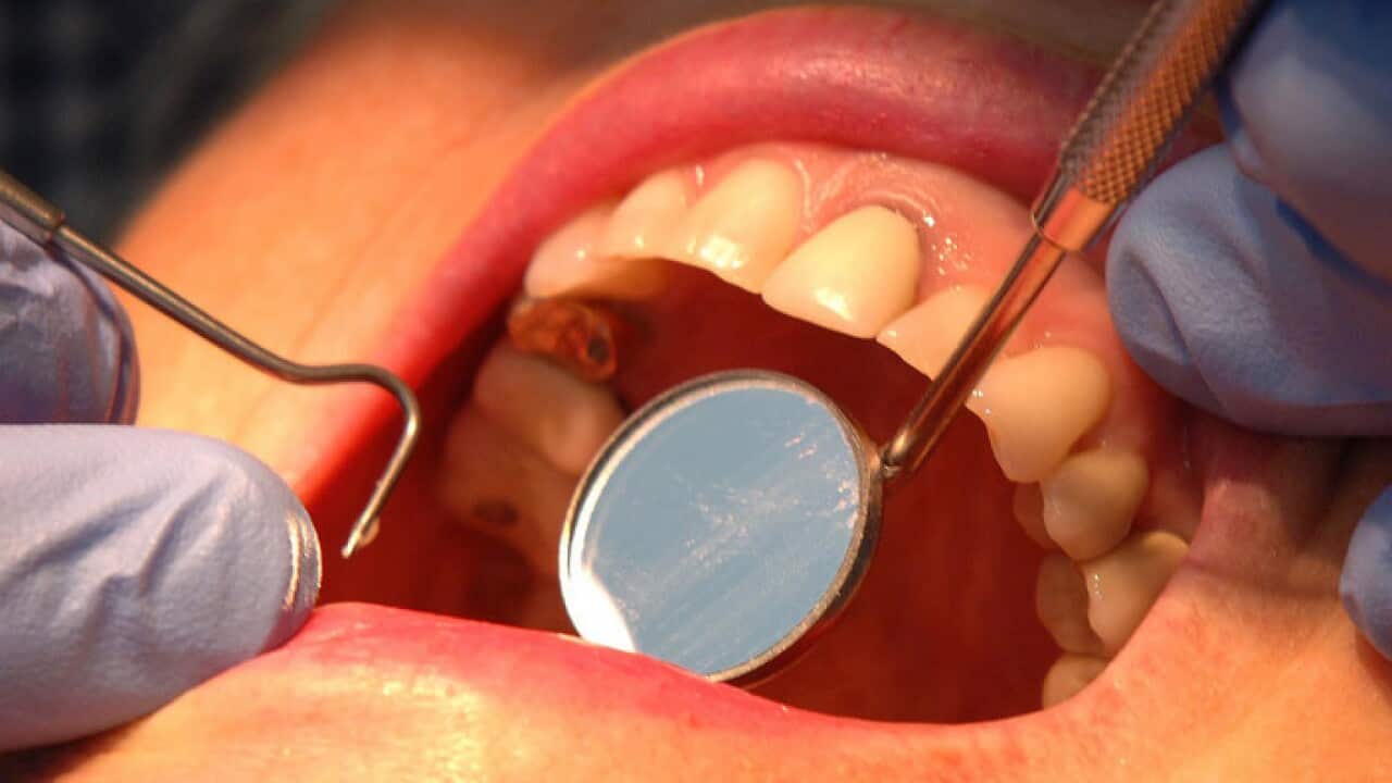 A dentist checking the condition of a patient's teeth,