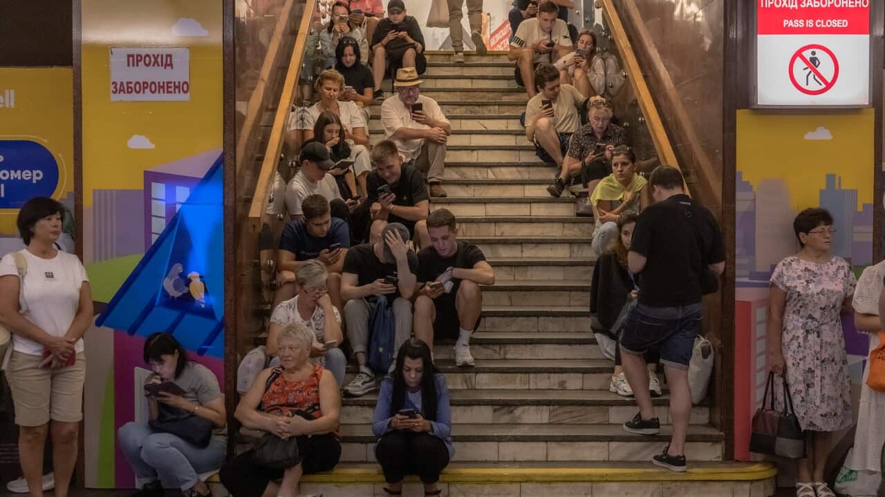 People shelter in the Teatralna metro station during a Russian air attack, in Kyiv (Getty)