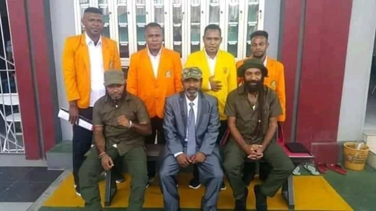 The seven West Papua men on trial on Wednesday.