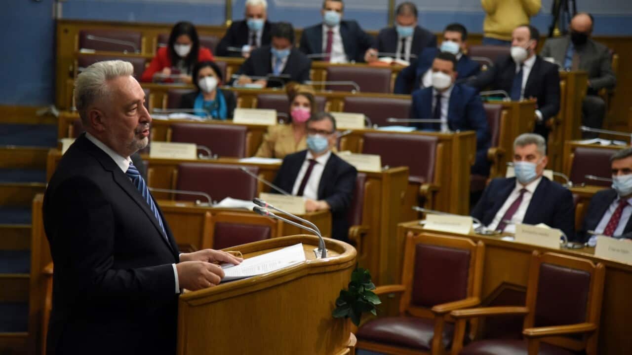 Montenegro's Prime Minister-designate Zdravko Krivokapic delivers his plan for a new government to members of parliament in Podgorica, Montenegro, 02 December 2020