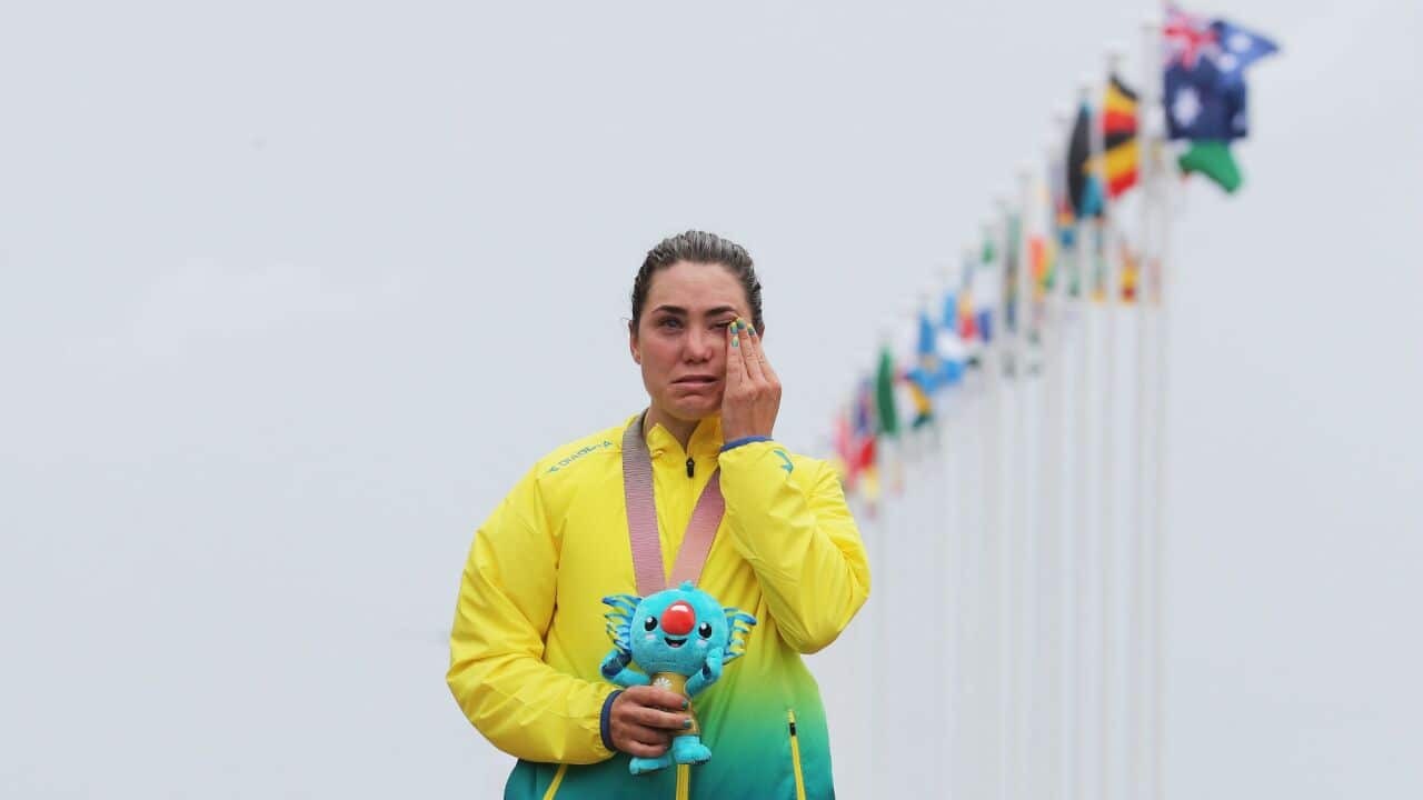 A big deal... An emotional Chloe Hosking after winning the women's road race.