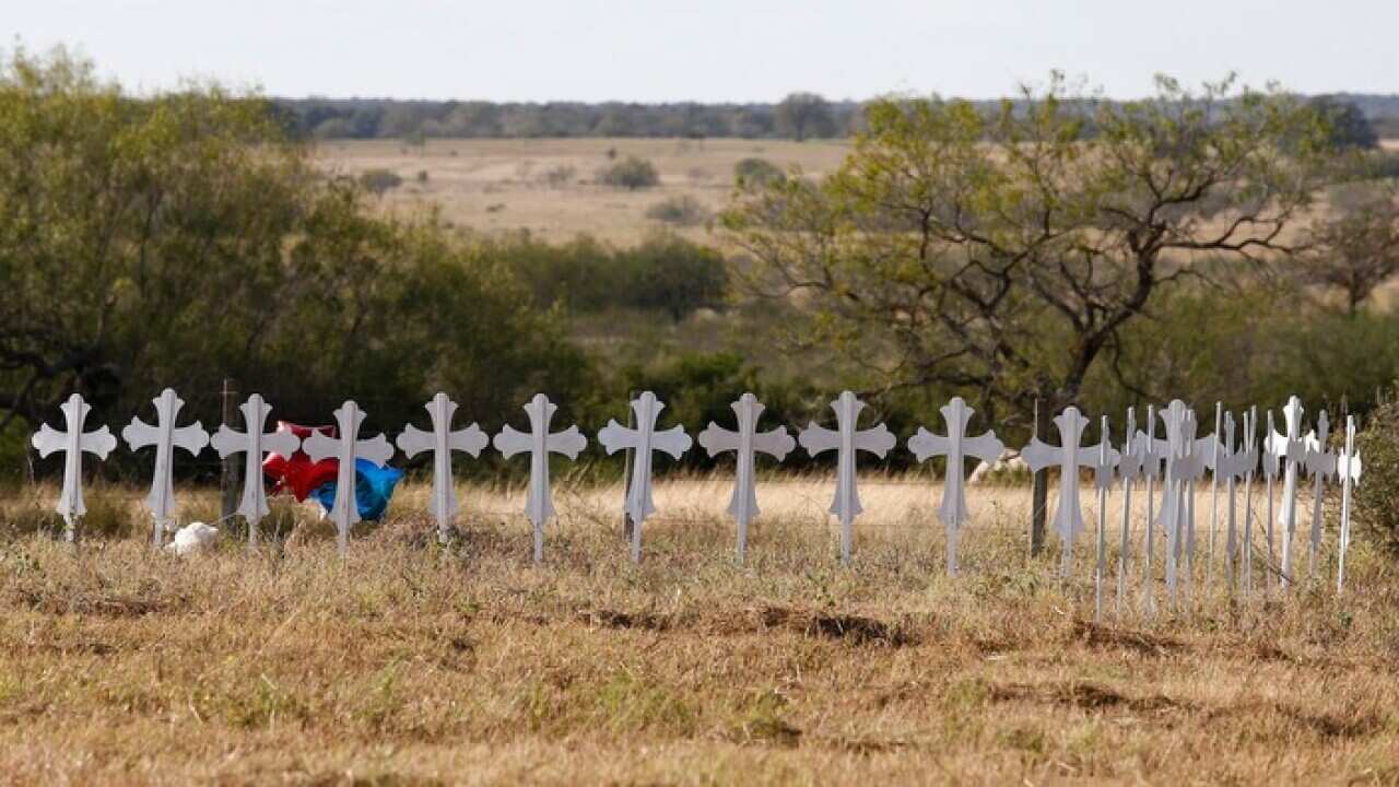 wenty six crosses representing the victims of the shooting at the First Baptist Church in Sutherland Springs, US