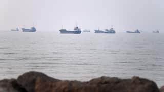 Several large container ships on a still body of water