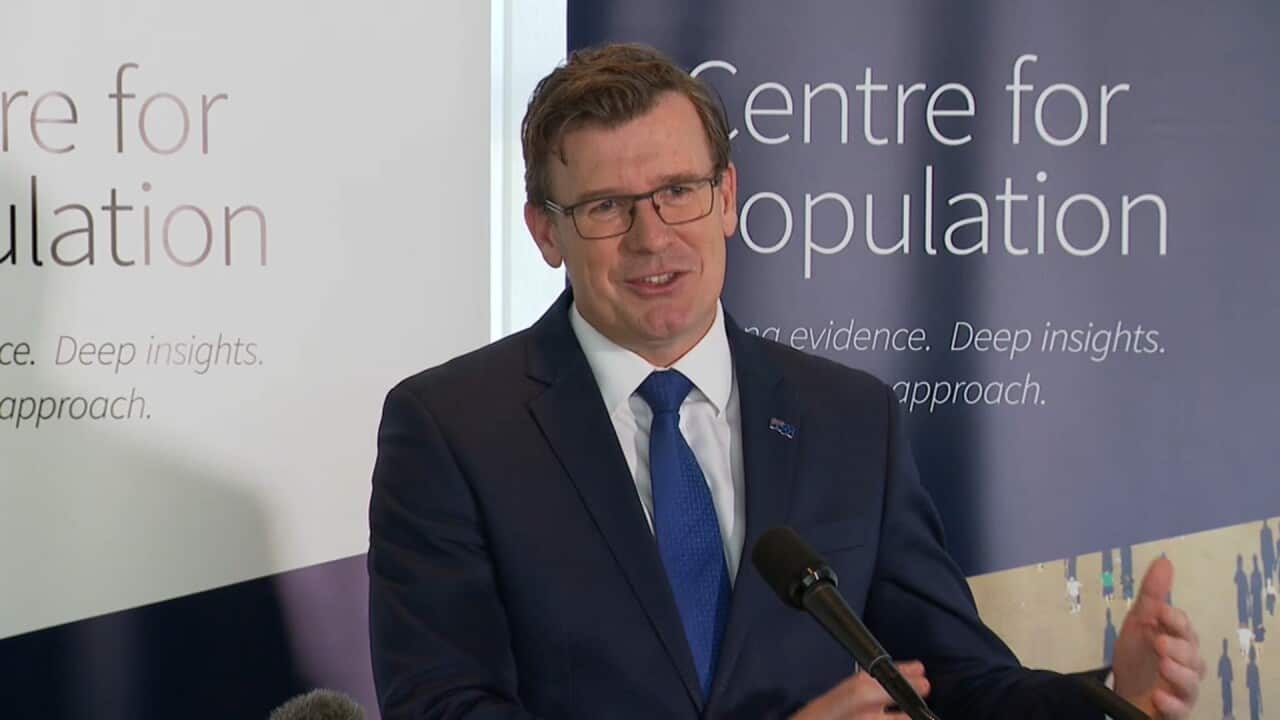 Minister for Population, Cities and Urban Infrastructure Alan Tudge launches the Australian Centre for Population (SBS)