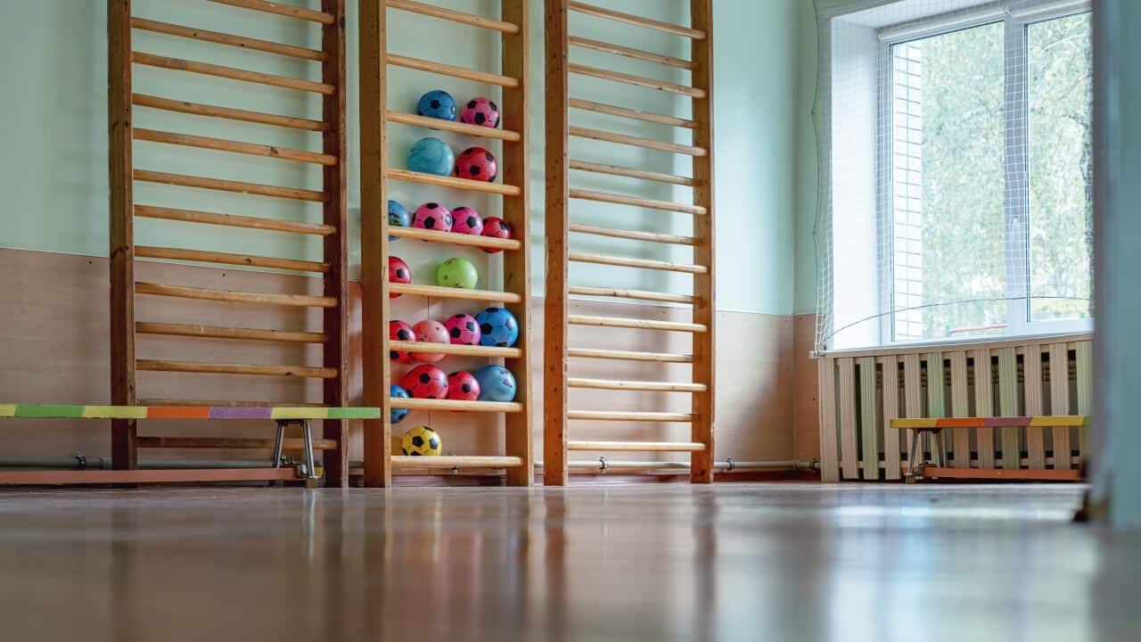 Empty sport gym with ladder for children climbing and benches on wooden floor