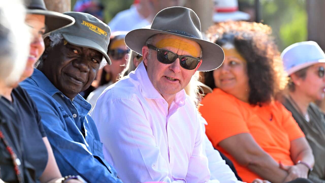Prime Minister Anthony Albanese watches members of the Yolngu people