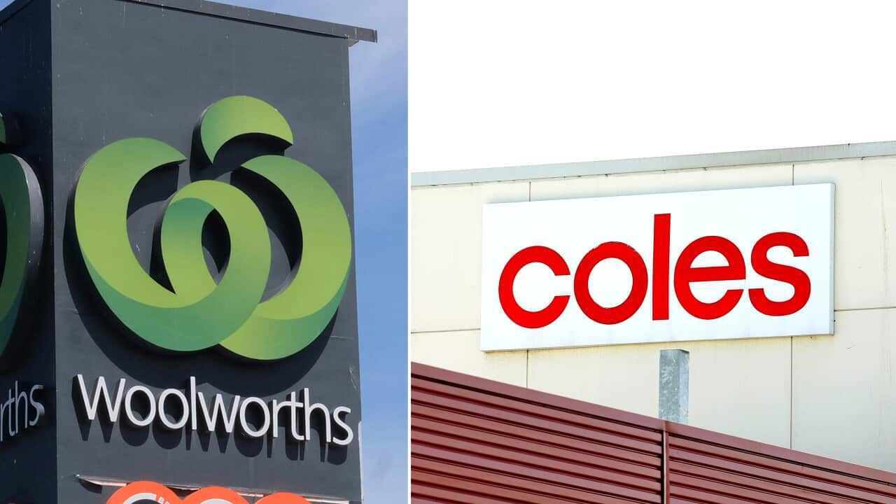 A composite image of Woolworths (left) and Coles signage (right).