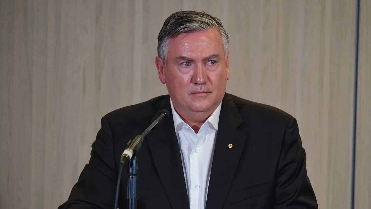 Former Collingwood president Eddie McGuire speaks to media in Melbourne, Monday, February 1, 2021.