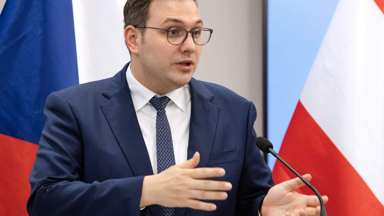 Czech Foreign Minister Jan Lipavský speaking at a press conference.