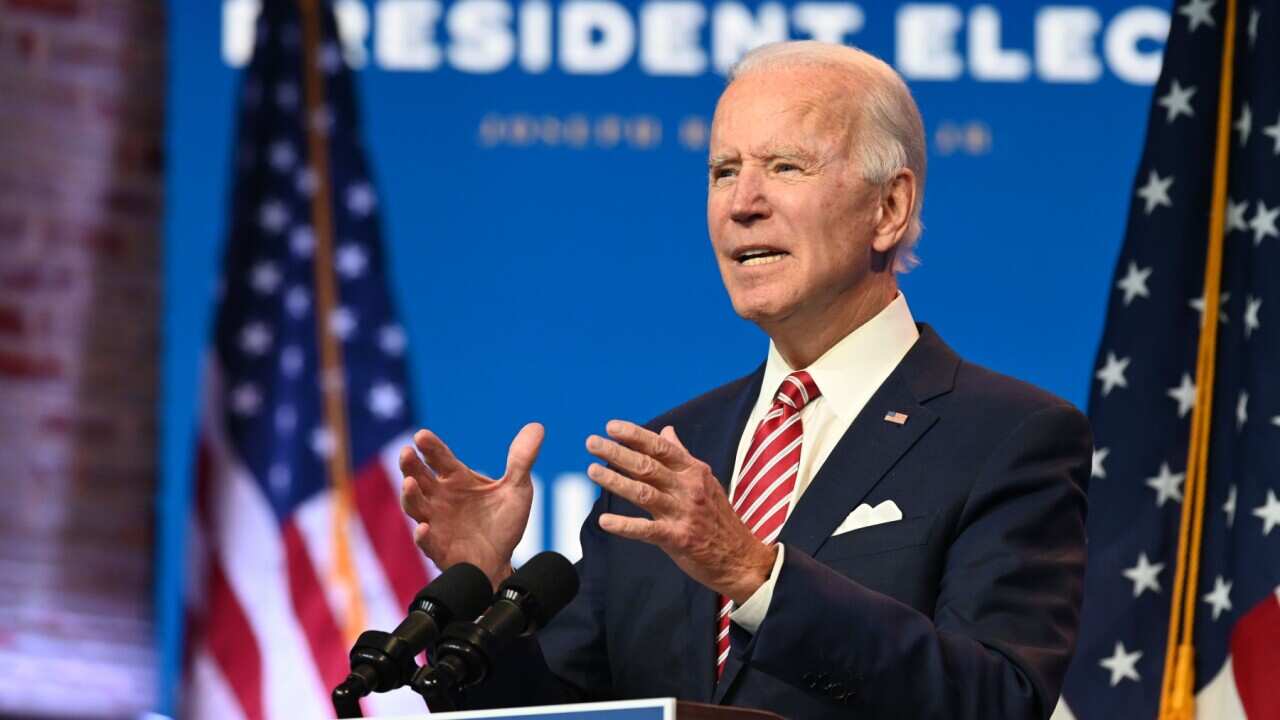 US President-elect Joe Biden speaks during a press conference at The Queen in Wilmington, Delaware on November 16, 2020