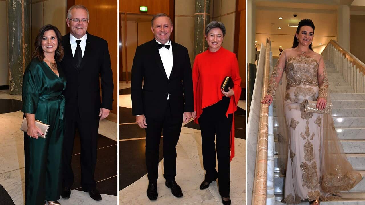 Scott Morrison and wife Jenny, Anthony Albanese and Penny Wong, and Jacqui Lambie.
