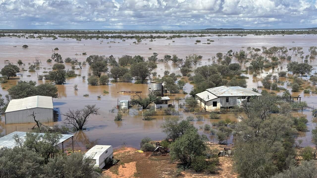 Floodwaters surround buildings