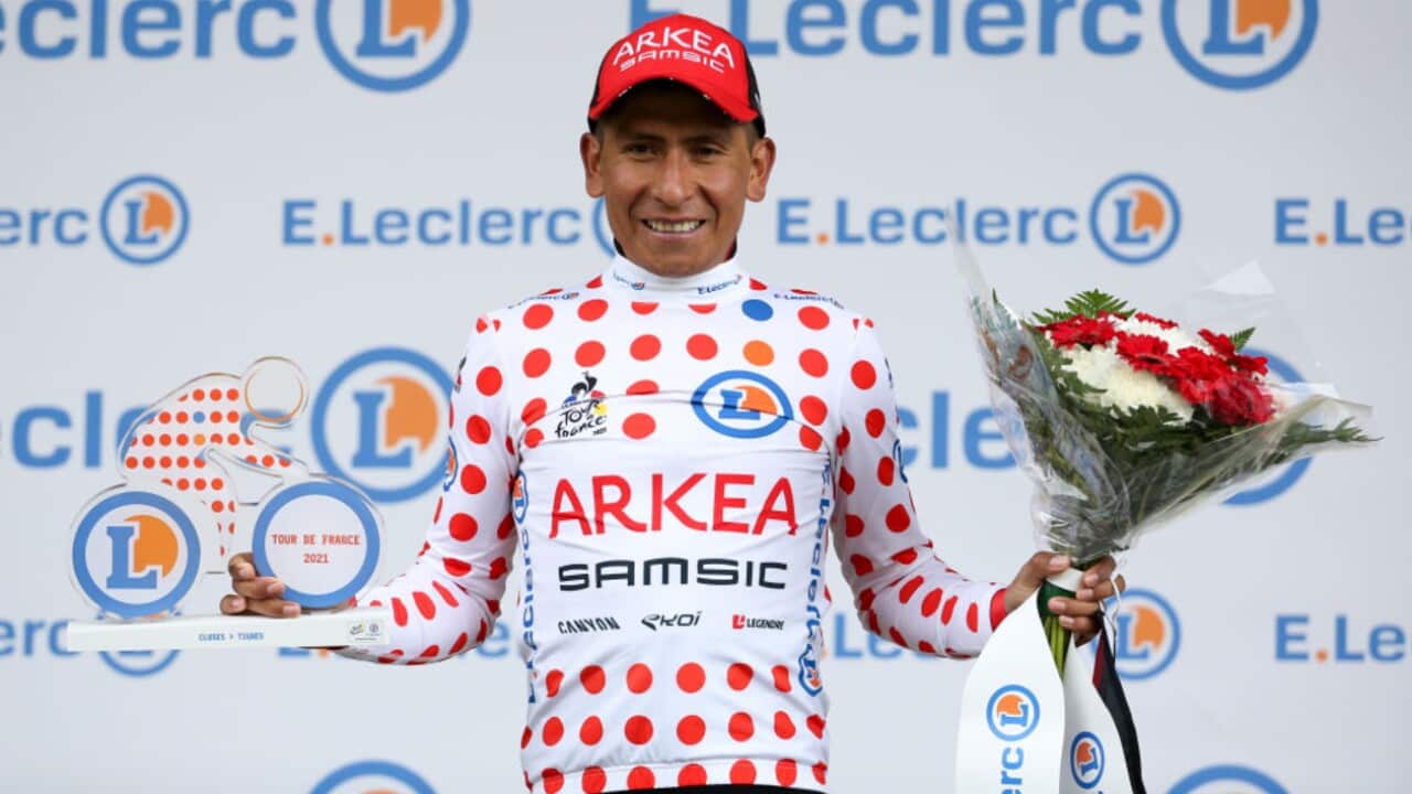 Nairo Quintana celebrates after taking the polka-dot jersey in Stage 9 of the Tour de France