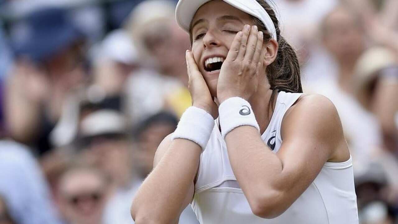 Johanna Konta reacts to reaching the quarters