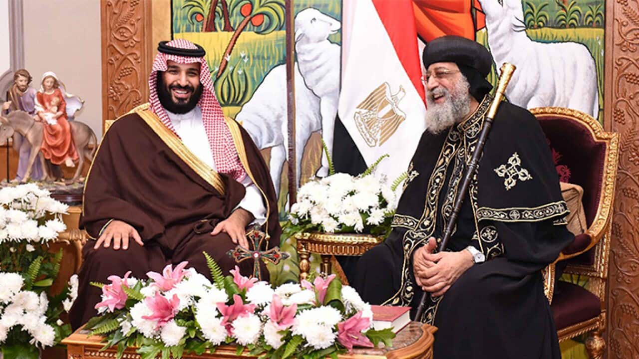 Egyptian Coptic Pope Tawadros II (R), Pope of Alexandria and Patriarch of Saint Marc Episcopate receiving Saudi Crown Prince Mohammad Bin Salman in Cairo