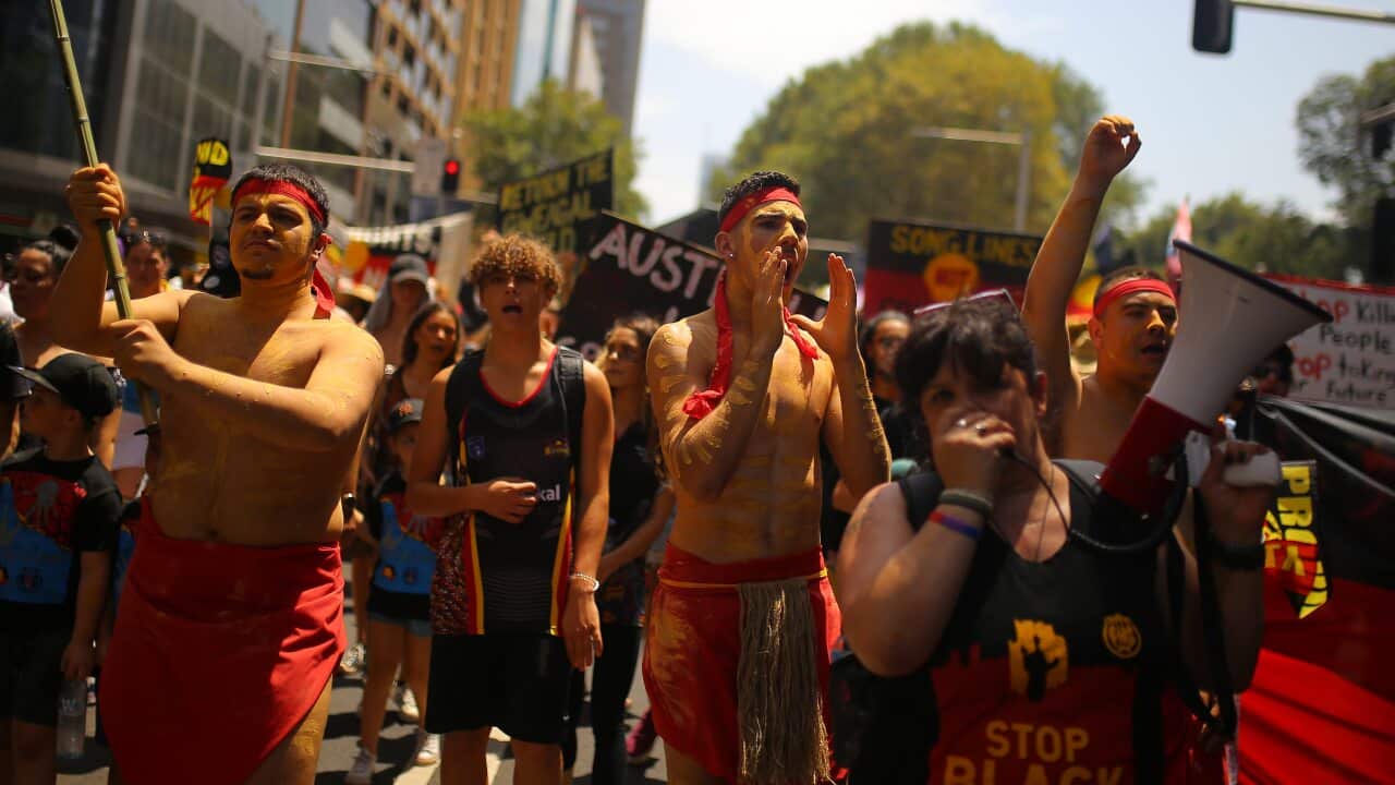 Protesters during the 2020 'Invasion Day' rally in Sydney