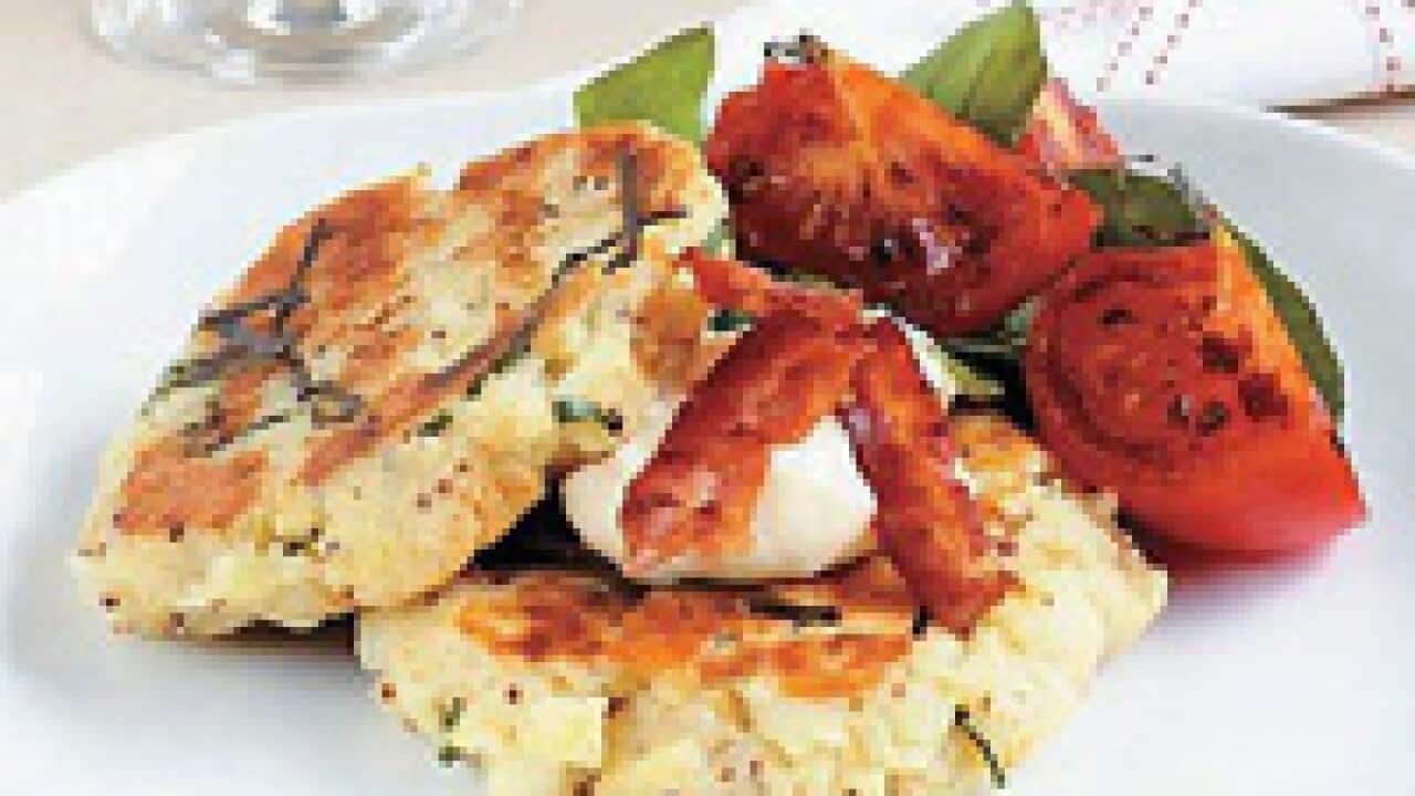 Chive and potato cakes with crispy bacon