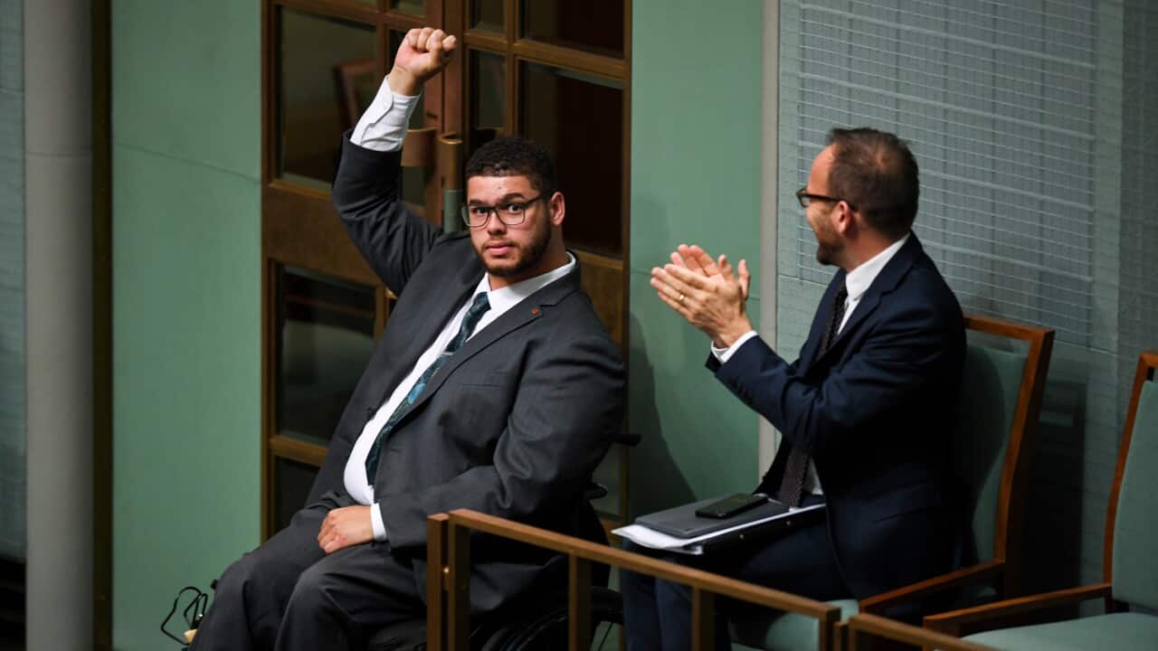 Australian Greens Senator Jordon Steele-John celebrates after the passing of the motion on the Disability Abuse Royal Commission