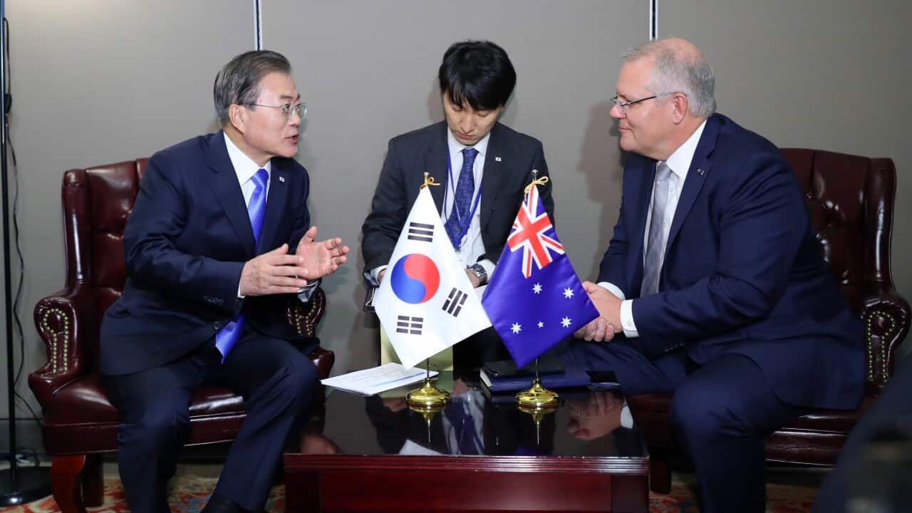 epa07867292 South Korean President Moon Jae-in (L) holds talks with Australian Prime Minister Scott Morrison at the United Nations headquarters in New York, USA, 24 September 2019. EPA/YONHAP SOUTH KOREA OUT
