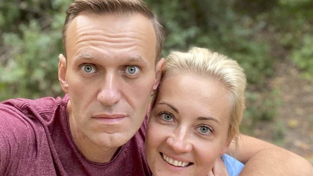 Russian opposition leader Alexei Navalny and his wife Yulia pose for a selfie in an unknown location in Germany.