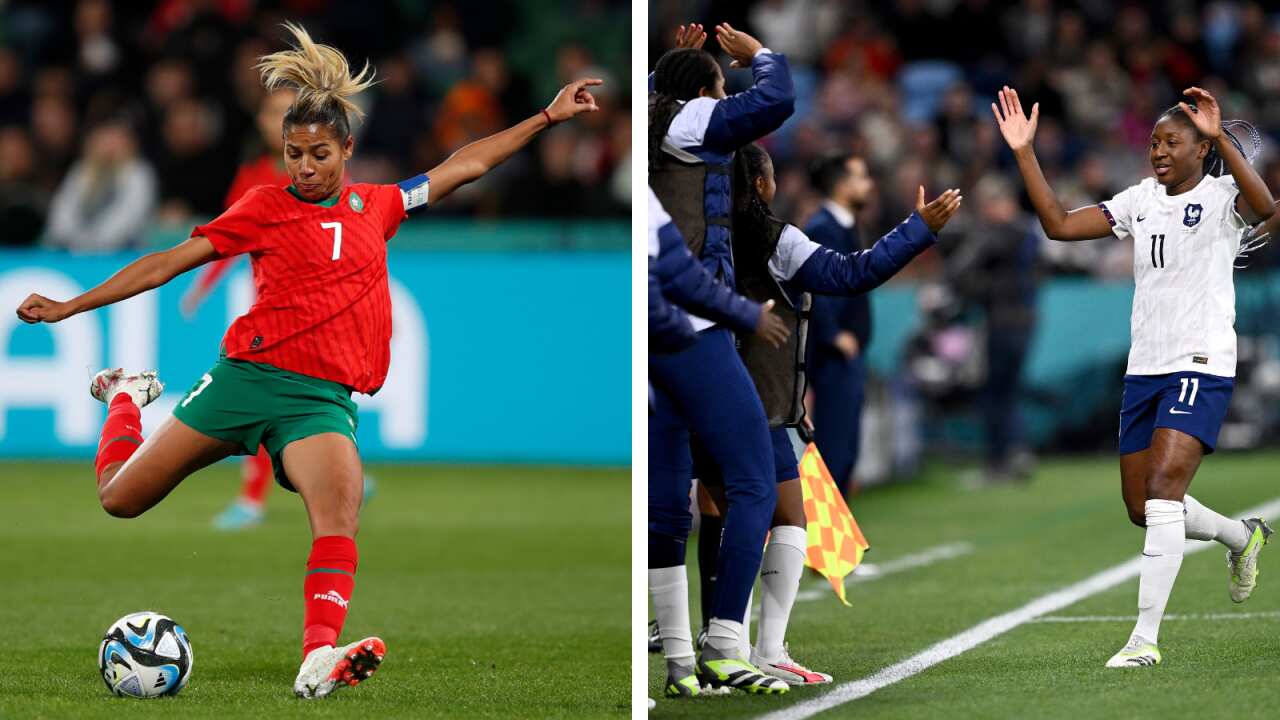 A composite image of a woman in a red football uniform kicking a ball, next to a woman in a white football uniform high-fiveing women in blue jackets.