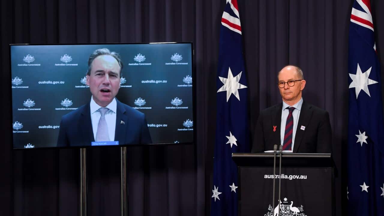 Australian Health Minister Greg Hunt speaks via video link to the media during a press conference at Parliament House in Canberra