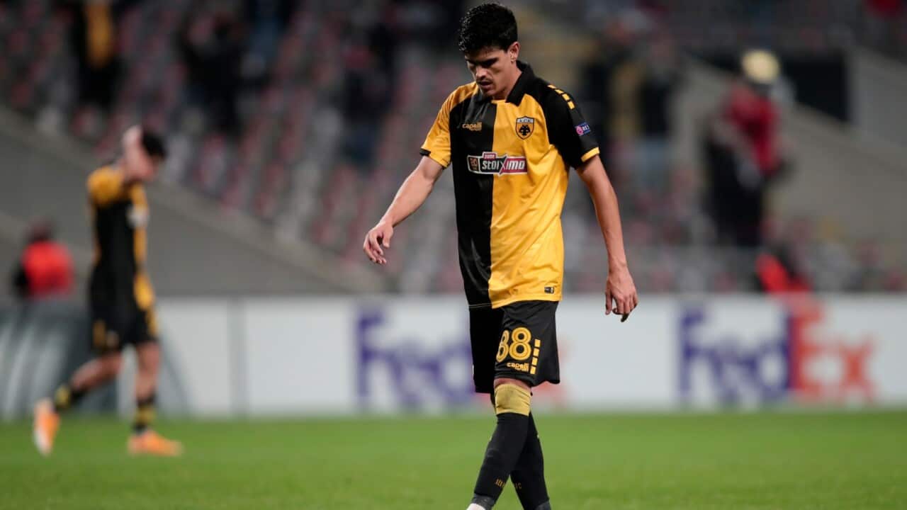 AEK's Stavros Vasilantonopoulos reacts at the end of the Europa League group G soccer match between Sporting Braga and AEK Athens at the Braga Municipal stadium in Braga, Portugal, Thursday, Oct. 22, 2020. Braga won 3-0.