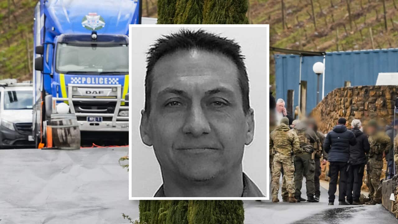 A composite featuring a photograph of Dezi Freeman alongside an image of tactical police officers in camouflage gear and a large police truck.
