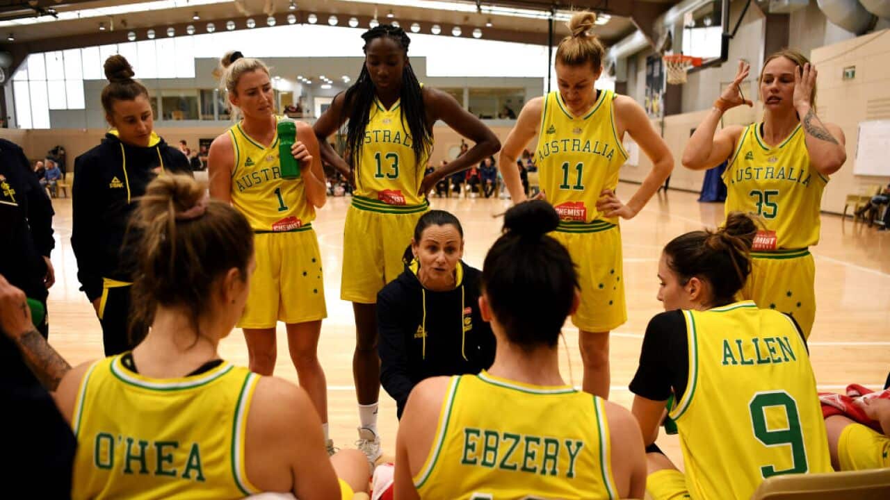 Coach Sandy Brondello of the Opals speaks to the team during an international match