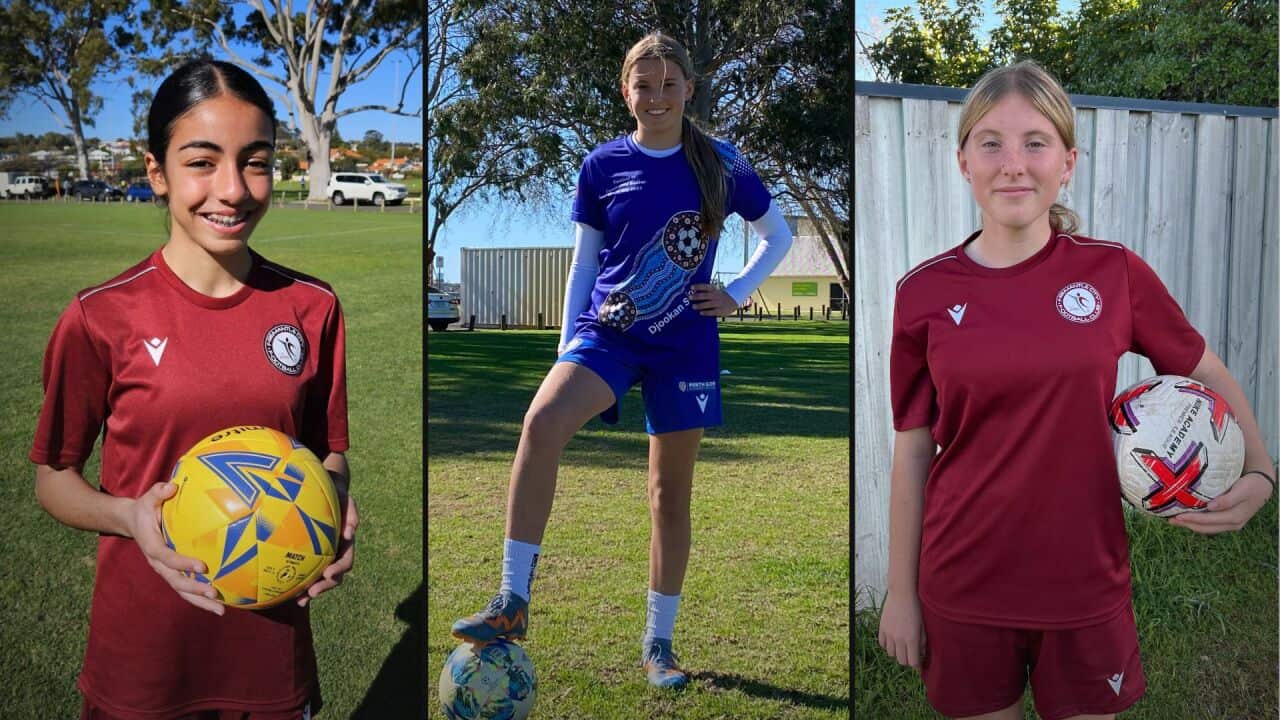 A triptych image of three young female footballers wearing sports uniforms posing with footballs either in their hands or at their feet.