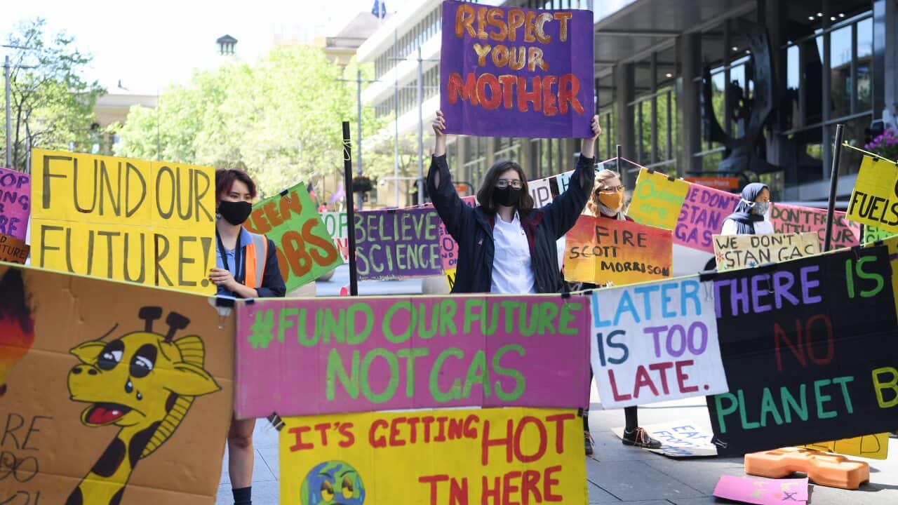 A small gathering of school students take part in Fund Our Futures Not Gas climate rally in Sydney, Friday, September 25, 2020
