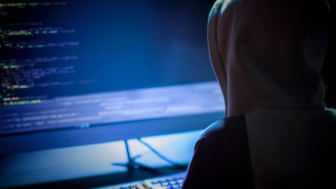 Rear view of user typing in front of computer screen