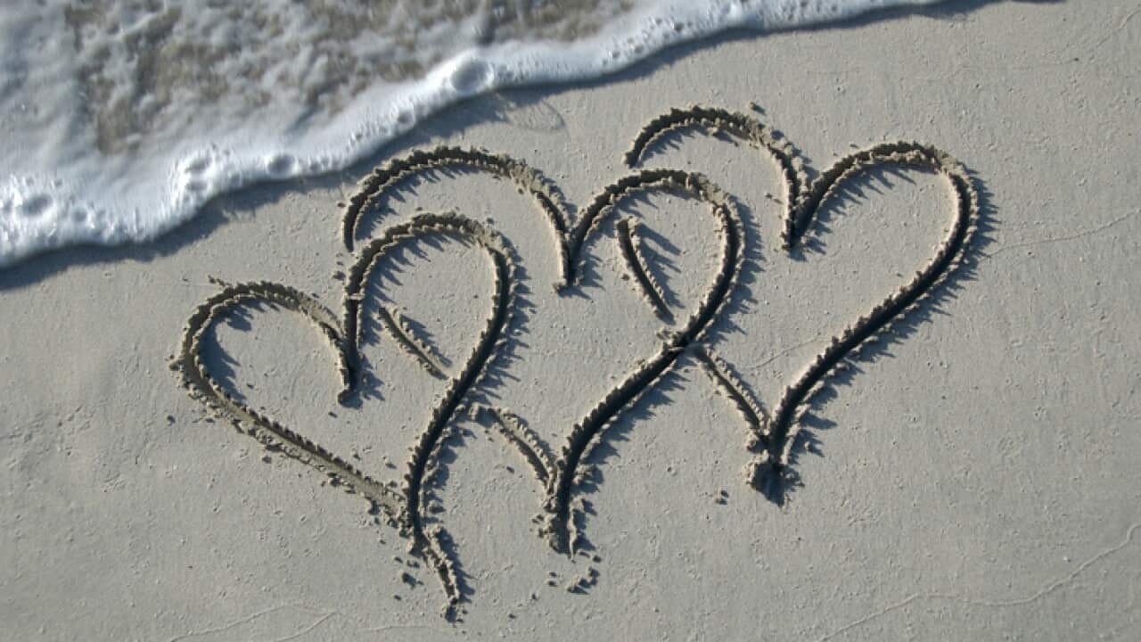 Three Hearts in the Sand with Wave