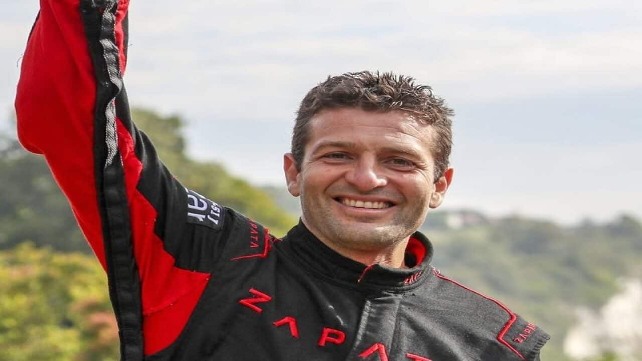 Frenchman Franky Zapata after crossing the Channel on a hoverboard.