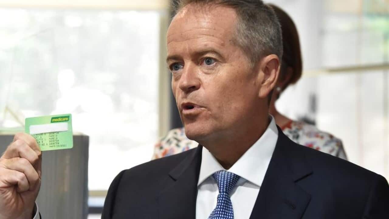 Federal Opposition Leader Bill Shorten holds up his Medicare card