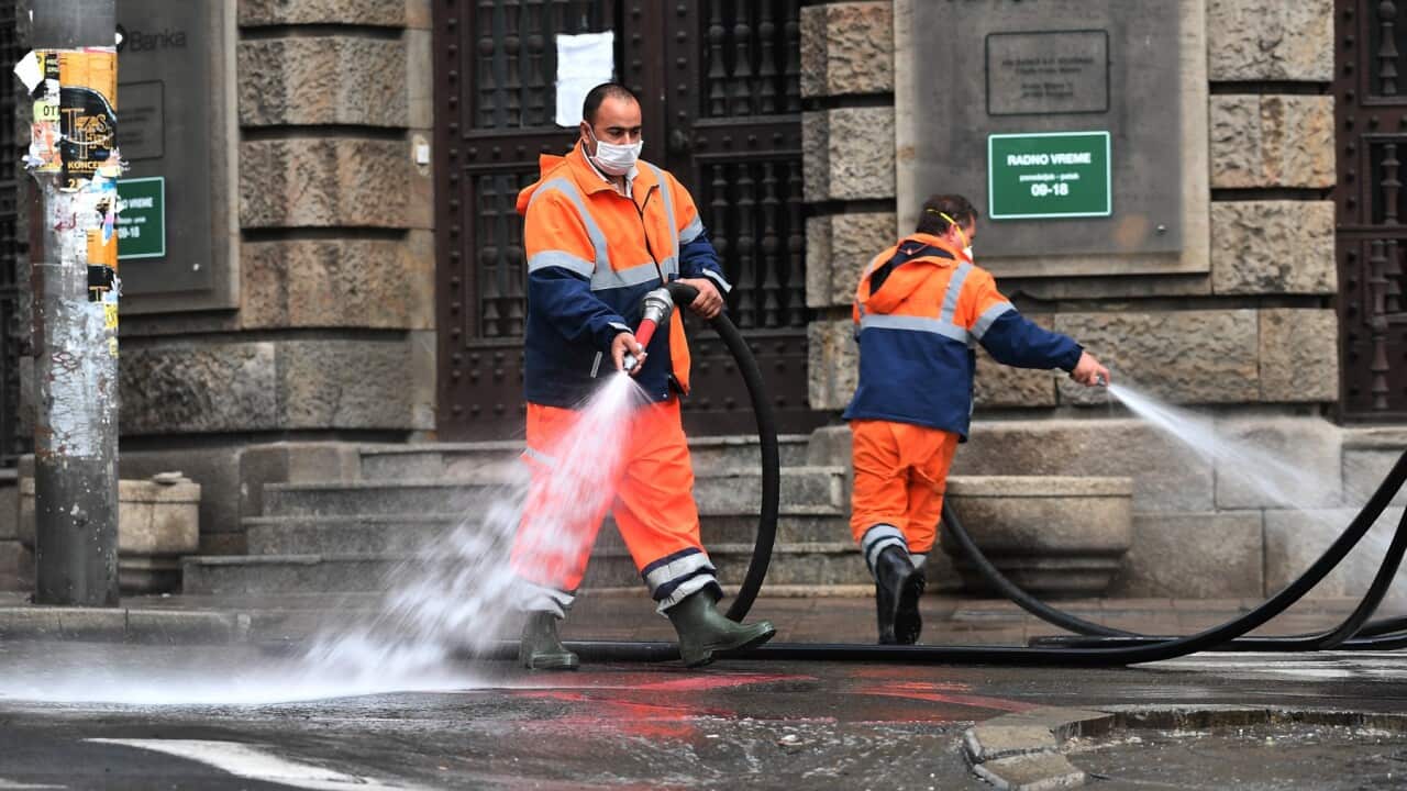 Belgrade, Serbia - Disinfection of public areas in Belgrade, Serbia due coronavirus pandemic positive cases continue to rise across the country with medical staff increasingly at risk