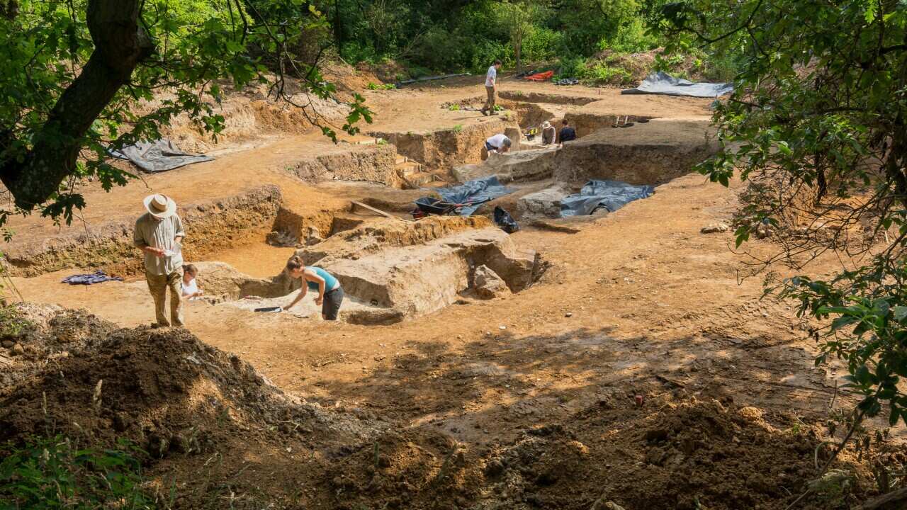 Archeologists at an archeological site are digging in the ground.