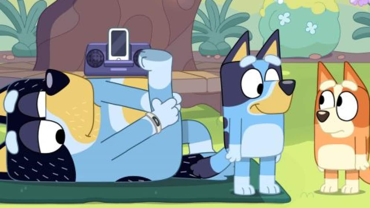 A scene of a Bluey character exercising.