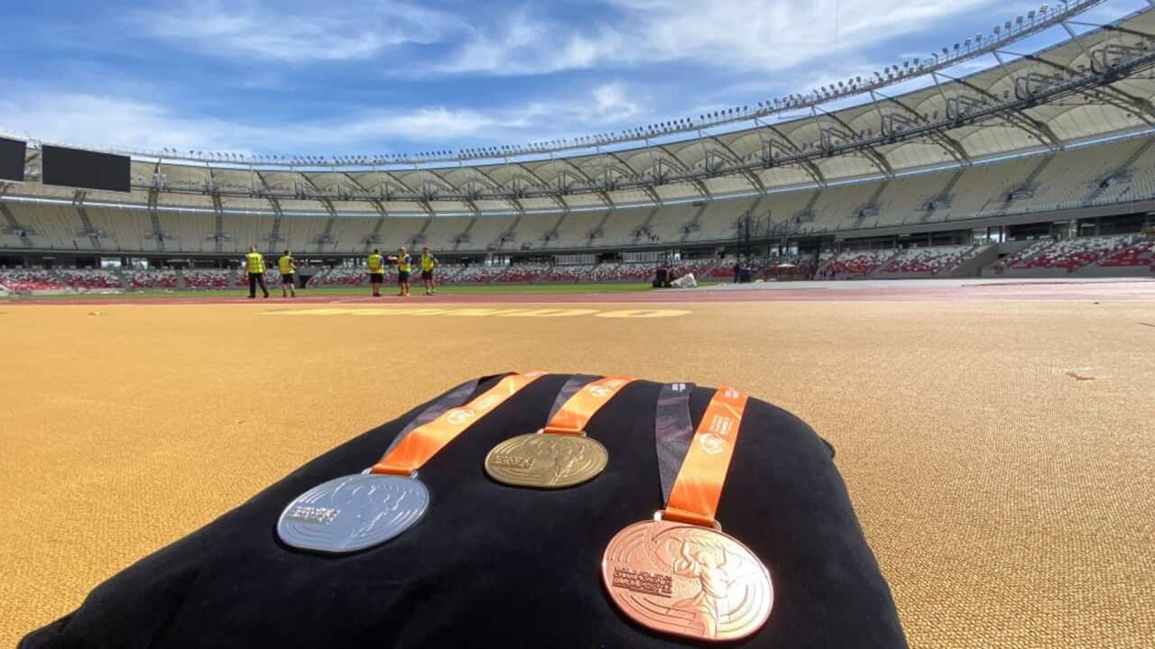 A view of the medals set to be awarded at the 2023 World Athletics Championships in Budapest
