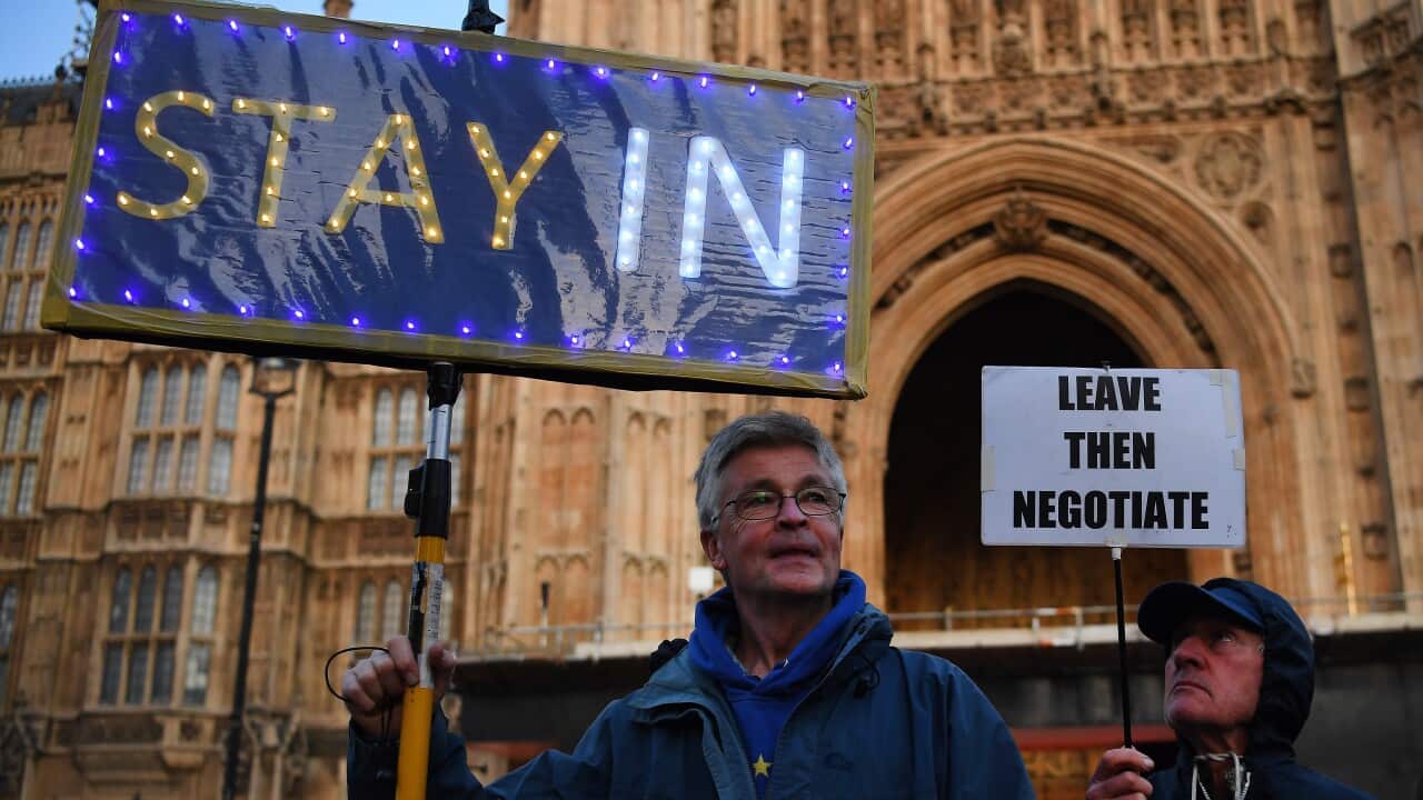Pro-EU and Pro-Leave campaigners wait outside Parliament in London, Britain.