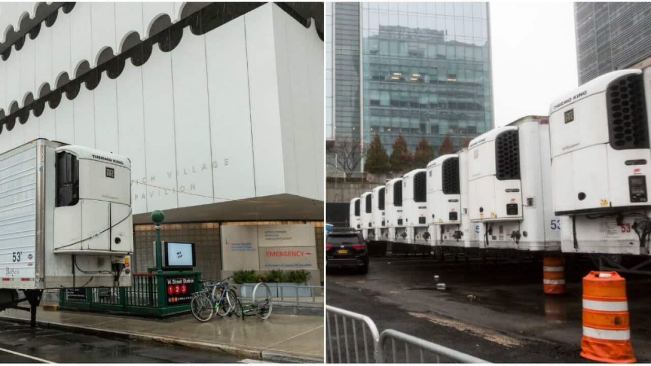 Makeshift morgue trailer sitting next to Lenox Health Medical Pavilion(L) and alongside Bellevue Hospital Center (R) in New York.