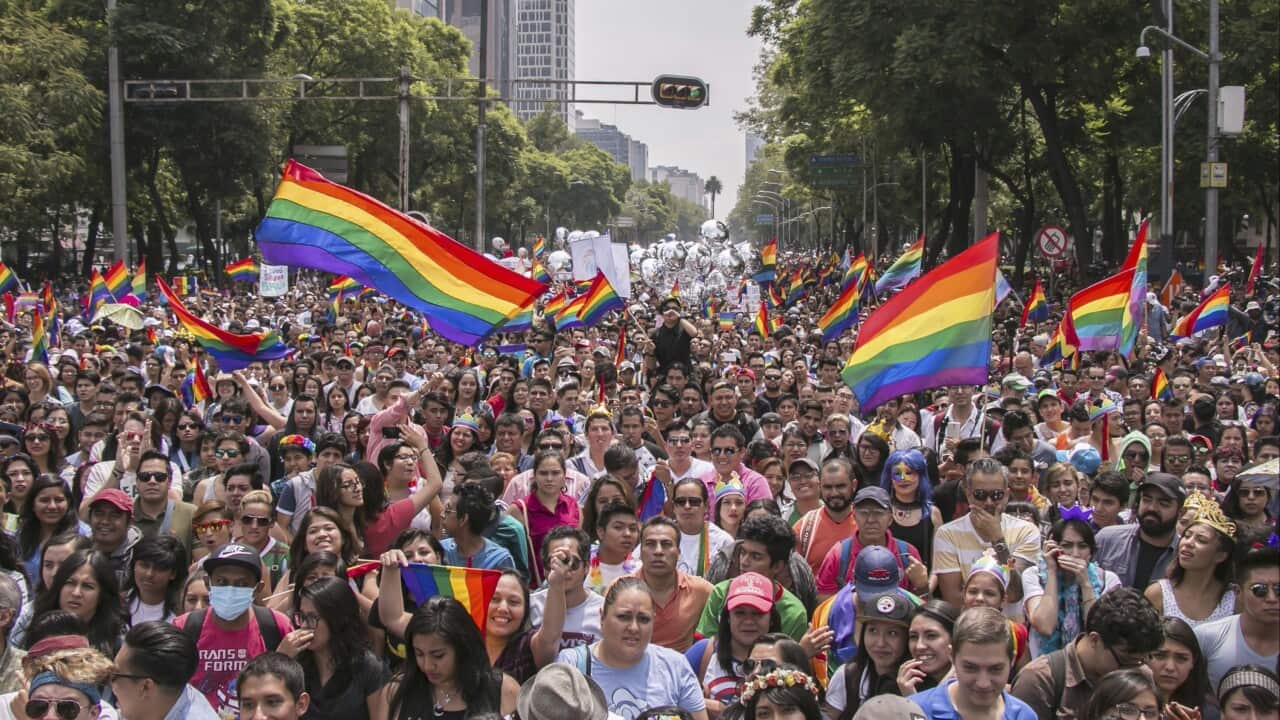 Members of the LGTBIQ+ community march during a Gay Pride Parade in Mexico City.