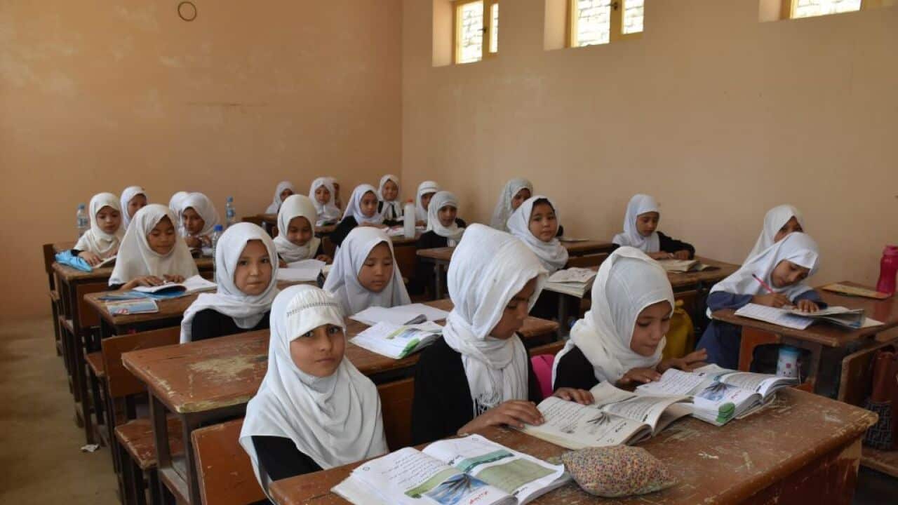 Afghan girls attend a class at a local school in Mazar-i-Sharif, capital of Balkh province, Afghanistan.