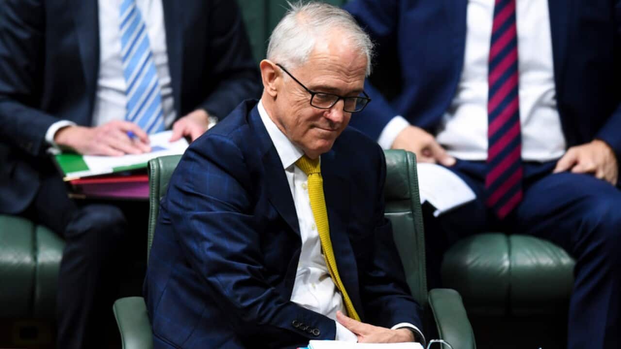 Australian Prime Minister Malcolm Turnbull reacts during House of Representatives Question Time at Parliament House in Canberra, Wednesday, August 22, 2018. (AAP Image/Lukas Coch) NO ARCHIVING
