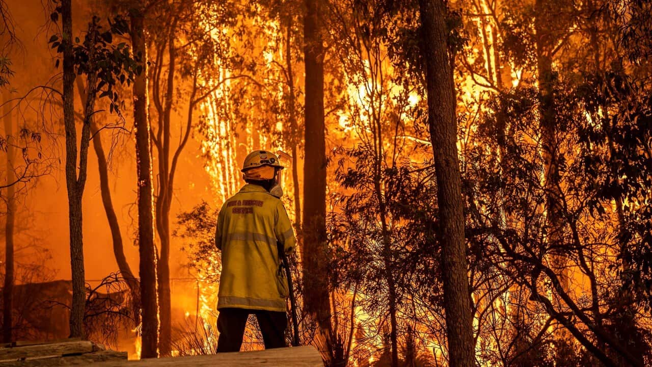 A firefighter helps to contain the Wooroloo-Chidlow bushfire in Western Australia on 27 December 2021.
